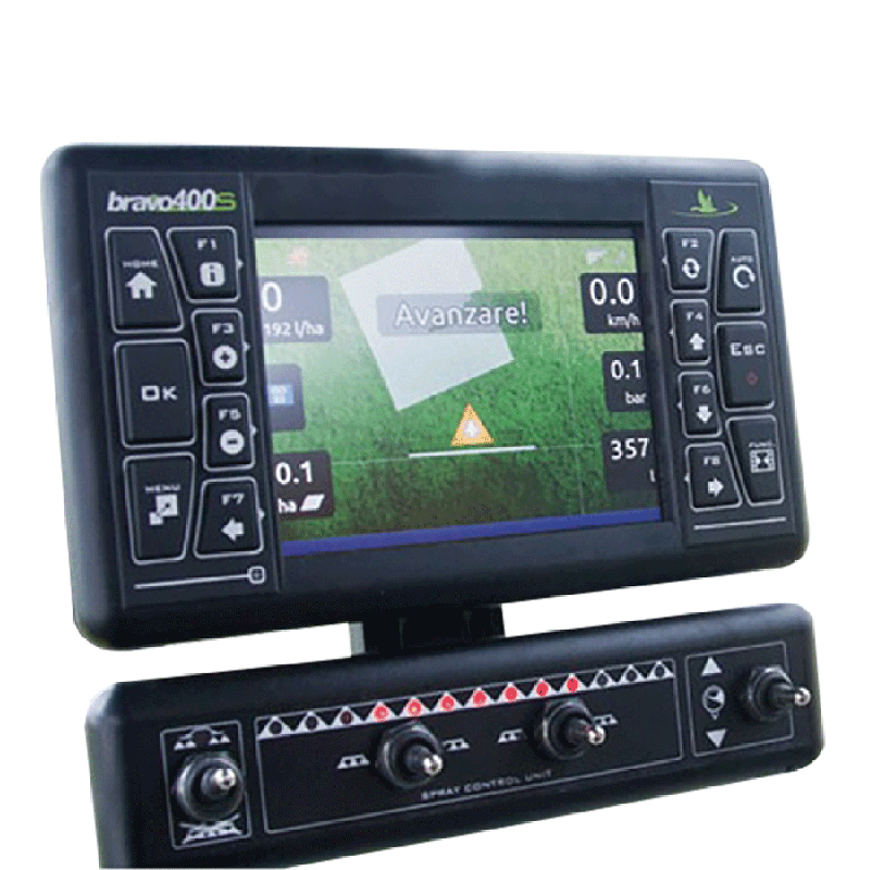 Series 400 computer with 5 section electric controls for product distribution, electro-hydraulic controls for boom movements, with built-in GPS navigator for distribution tracking